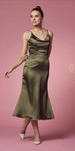 Nox Anabel R1027 Tea Midi-Length Formal Gown With Cowl Neckline(Tea Midi Length Formal Gown With Cowl Neckline By Nox Anabel R1027) -Discount Dress Shops R1027 OLIVE 12