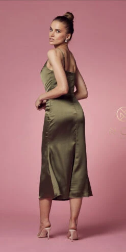 Nox Anabel R1027 Tea Midi-Length Formal Gown With Cowl Neckline(Tea Midi Length Formal Gown With Cowl Neckline By Nox Anabel R1027) -Discount Dress Shops R1027 OLIVE 42