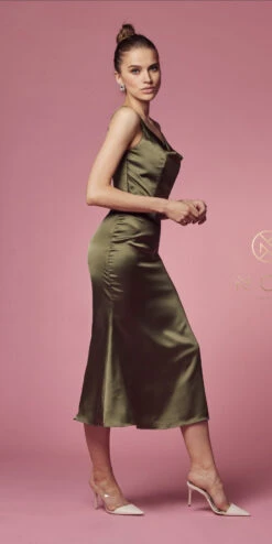 Nox Anabel R1027 Tea Midi-Length Formal Gown With Cowl Neckline(Tea Midi Length Formal Gown With Cowl Neckline By Nox Anabel R1027) -Discount Dress Shops R1027 OLIVE 60