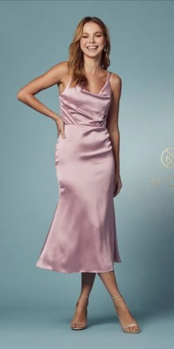 Nox Anabel R1027 Tea Midi-Length Formal Gown With Cowl Neckline(Tea Midi Length Formal Gown With Cowl Neckline By Nox Anabel R1027) -Discount Dress Shops R1027 ROSE 17