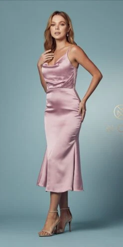 Nox Anabel R1027 Tea Midi-Length Formal Gown With Cowl Neckline(Tea Midi Length Formal Gown With Cowl Neckline By Nox Anabel R1027) -Discount Dress Shops R1027 ROSE 25