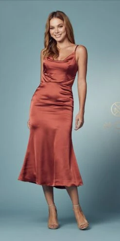 Nox Anabel R1027 Tea Midi-Length Formal Gown With Cowl Neckline(Tea Midi Length Formal Gown With Cowl Neckline By Nox Anabel R1027)