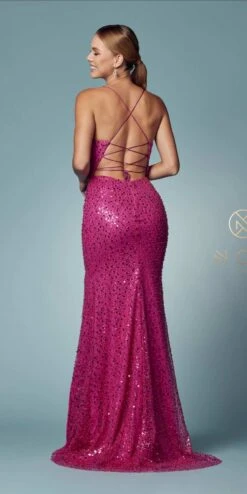Nox Anabel R1031 Fitted Sequins Gown With Slit And Spaghetti Straps(Fitted Sequins Gown With Slit And Spaghetti Straps By Nox Anabel R1031) -Discount Dress Shops R1031 FUCHSIA 43