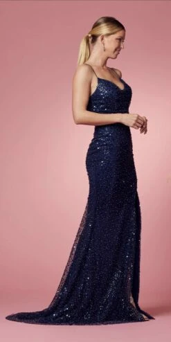 Nox Anabel R1031 Fitted Sequins Gown With Slit And Spaghetti Straps(Fitted Sequins Gown With Slit And Spaghetti Straps By Nox Anabel R1031) -Discount Dress Shops R1031 NAVYBLUE 58
