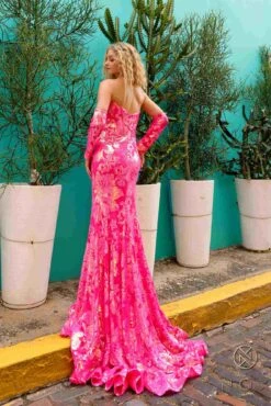 Nox Anabel R1268 Fitted Strapless Flower Design Sequin Gown With Matching Sleeves(Nox Anabel R1268 Fitted Strapless Flower Design Sequin Gown With Matching Sleeves) -Discount Dress Shops R1268FUCHSIA 6