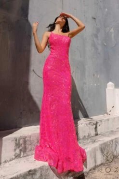 Nox Anabel R1308 Long Sequin Floral Print One Shoulder Mermaid Gown(Nox Anabel R1308 Long Sequin Floral Print One Shoulder Mermaid Gown) -Discount Dress Shops R1308FUCHSIA 3