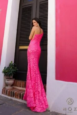 Nox Anabel R1308 Long Sequin Floral Print One Shoulder Mermaid Gown(Nox Anabel R1308 Long Sequin Floral Print One Shoulder Mermaid Gown) -Discount Dress Shops R1308FUCHSIA 4