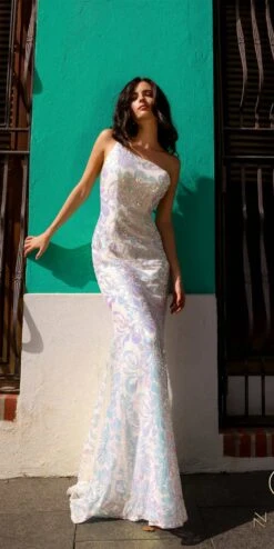Nox Anabel R1308 Long Sequin Floral Print One Shoulder Mermaid Gown(Nox Anabel R1308 Long Sequin Floral Print One Shoulder Mermaid Gown) -Discount Dress Shops R1308WHITEMULTI 1