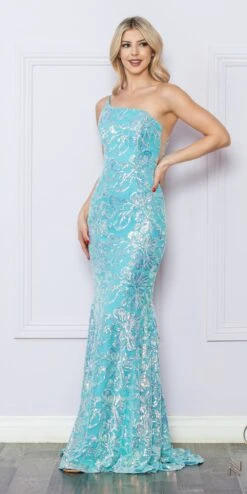 Nox Anabel R1308 Long Sequin Floral Print One Shoulder Mermaid Gown(Nox Anabel R1308 Long Sequin Floral Print One Shoulder Mermaid Gown) -Discount Dress Shops R1308 AQUABLUE 11