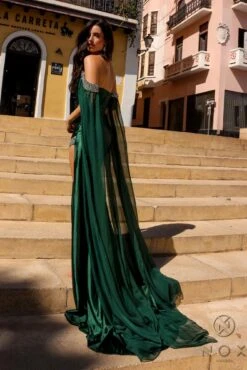 Nox Anabel R1312 Long Chiffon Cape Sleeve Fitted Satin Formal Gown(Nox Anabel R1312 Long Chiffon Cape Sleeve Fitted Satin Formal Gown) -Discount Dress Shops R1312EMERALD 3