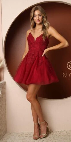 Nox Anabel R707 Sweetheart Baby Doll A-Line Dress Lace Applique Bodice(Short Sweetheart Baby Doll A Line Dress Lace Applique Bodice) -Discount Dress Shops R707 BURGUNDY 4