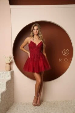 Nox Anabel R707 Sweetheart Baby Doll A-Line Dress Lace Applique Bodice(Short Sweetheart Baby Doll A Line Dress Lace Applique Bodice) -Discount Dress Shops R707 BURGUNDY 7