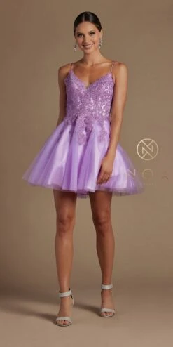Nox Anabel R707 Sweetheart Baby Doll A-Line Dress Lace Applique Bodice(Short Sweetheart Baby Doll A Line Dress Lace Applique Bodice) -Discount Dress Shops R707 LILAC 3