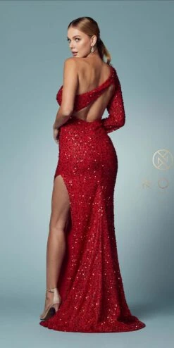 Nox Anabel S1013 One Sleeve Shoulder Strap Sequins/Beading Fitted Gown(One Sleeve Shoulder Strap Sequins Beading Fitted Gown By Nox Anabel S1013) -Discount Dress Shops S1013 RED 37