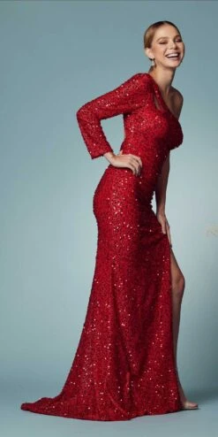 Nox Anabel S1013 One Sleeve Shoulder Strap Sequins/Beading Fitted Gown(One Sleeve Shoulder Strap Sequins Beading Fitted Gown By Nox Anabel S1013) -Discount Dress Shops S1013 RED 57