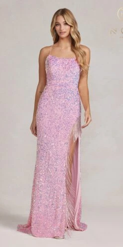 Nox Anabel T1209 Long Formal Sequin Gown With Fringe Leg Slit(Nox Anabel T1209 Long Formal Sequin Gown With Fringe Leg Slit) -Discount Dress Shops T1209 PINK 1