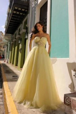 Nox Anabel T1326 Long Strapless Bonded Bodice Glitter Tulle A-Line Gown(Nox Anabel T1326 Long Strapless Bonded Bodice Glitter Tulle A Line Gown) -Discount Dress Shops T1326LEMON 1