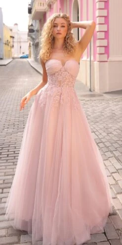 Nox Anabel T1326 Long Strapless Bonded Bodice Glitter Tulle A-Line Gown(Nox Anabel T1326 Long Strapless Bonded Bodice Glitter Tulle A Line Gown) -Discount Dress Shops T1326MAUVE 1