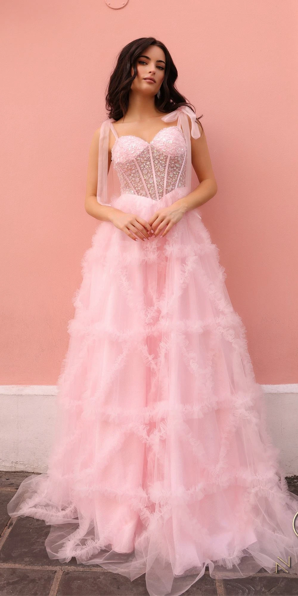 Nox Anabel T1340 Long Ruffled Skirt Boned Bustier Ribbon Strap A-Line Gown(Nox Anabel T1340 Long Ruffled Skirt Boned Bustier Ribbon Strap A Line Gown) 1 Nox Anabel T1340 Long Ruffled Skirt Boned Bustier Ribbon Strap A-Line Gown(Nox Anabel T1340 Long Ruffled Skirt Boned Bustier Ribbon Strap A Line Gown)