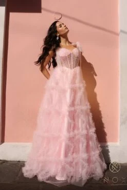 Nox Anabel T1340 Long Ruffled Skirt Boned Bustier Ribbon Strap A-Line Gown(Nox Anabel T1340 Long Ruffled Skirt Boned Bustier Ribbon Strap A Line Gown) 24 Nox Anabel T1340 Long Ruffled Skirt Boned Bustier Ribbon Strap A-Line Gown(Nox Anabel T1340 Long Ruffled Skirt Boned Bustier Ribbon Strap A Line Gown) -Discount Dress Shops T1340BLUSH 3