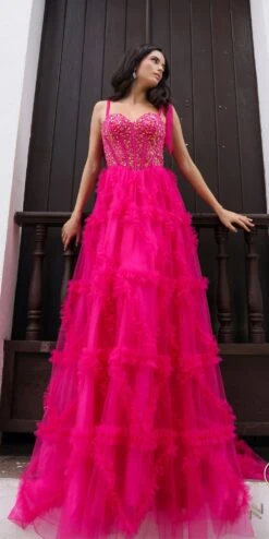 Nox Anabel T1340 Long Ruffled Skirt Boned Bustier Ribbon Strap A-Line Gown(Nox Anabel T1340 Long Ruffled Skirt Boned Bustier Ribbon Strap A Line Gown) 27 Nox Anabel T1340 Long Ruffled Skirt Boned Bustier Ribbon Strap A-Line Gown(Nox Anabel T1340 Long Ruffled Skirt Boned Bustier Ribbon Strap A Line Gown) -Discount Dress Shops T1340FUCHSIA 3