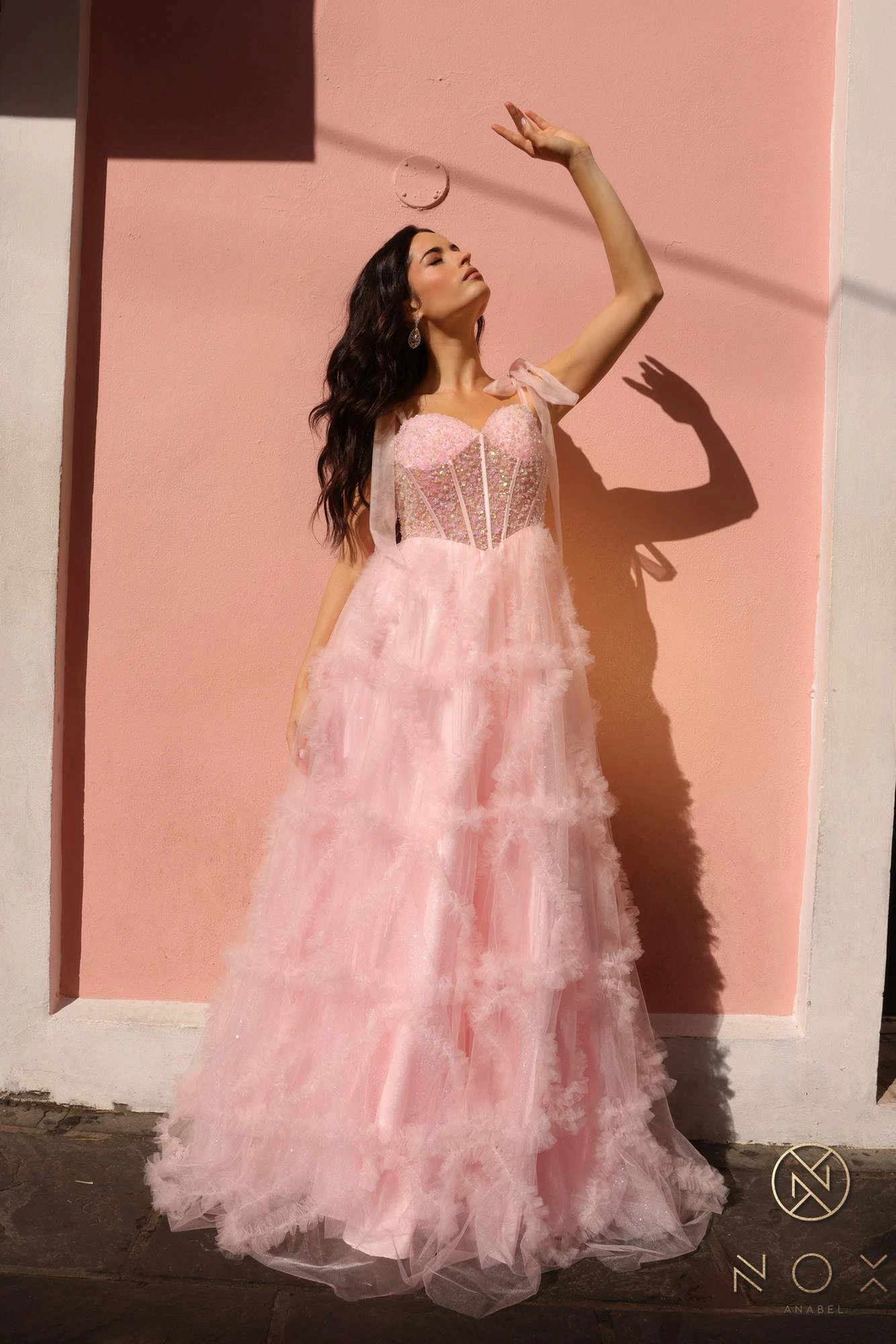 Nox Anabel T1340 Long Ruffled Skirt Boned Bustier Ribbon Strap A-Line Gown(Nox Anabel T1340 Long Ruffled Skirt Boned Bustier Ribbon Strap A Line Gown) 6 Nox Anabel T1340 Long Ruffled Skirt Boned Bustier Ribbon Strap A-Line Gown(Nox Anabel T1340 Long Ruffled Skirt Boned Bustier Ribbon Strap A Line Gown) - Image 6