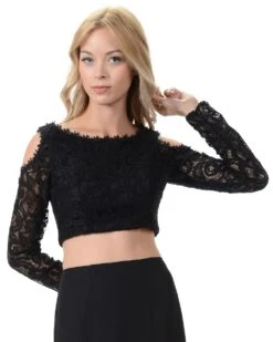 Poly USA | Ed Young T14 Lace Cold Shoulder Crop Top With Long Sleeves(Poly Usa T14 Black Lace Cold Shoulder Crop Top With Long Sleeves)