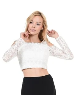 Poly USA | Ed Young T15 Lace Cold Shoulder Crop Top With Long Sleeves(Poly Usa T15 Off White Lace Cold Shoulder Crop Top With Long Sleeves)