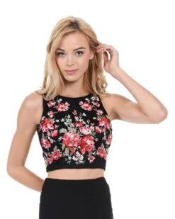 Poly USA | Ed Young T22 Sleeveless Crop Top Multi Colored Embroidery And Stones(Poly Usa T22 Sleeveless Black Crop Top Multi Colored Embroidery And Stones)