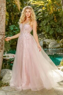 Nox Anabel T449 Floral Embellished Beaded Bodice A-Line Gown(Floral Embellished Beaded Bodice Blush A Line Ball Gown) -Discount Dress Shops T449 nox anabel blush gallery