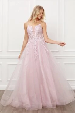 Nox Anabel T449 Floral Embellished Beaded Bodice A-Line Gown(Floral Embellished Beaded Bodice Blush A Line Ball Gown) -Discount Dress Shops T449 nox anabel blush side