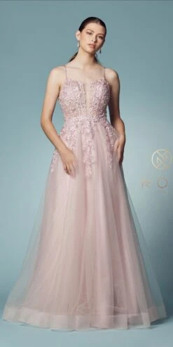 Nox Anabel T449 Floral Embellished Beaded Bodice A-Line Gown(Floral Embellished Beaded Bodice Blush A Line Ball Gown) -Discount Dress Shops T449 BLUSH 2