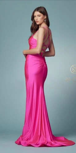 Nox Anabel T481 Long Scoop Neck Spaghetti Strap Fitted Gown Slit(Long Scoop Neck Spaghetti Strap Fitted Lavender Gown Slit) -Discount Dress Shops T481 FUCHSIA 55