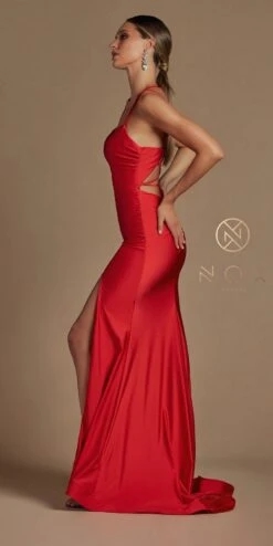 Nox Anabel T481 Long Scoop Neck Spaghetti Strap Fitted Gown Slit(Long Scoop Neck Spaghetti Strap Fitted Lavender Gown Slit) -Discount Dress Shops T481 RED 2