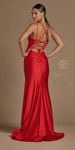 Nox Anabel T481 Long Scoop Neck Spaghetti Strap Fitted Gown Slit(Long Scoop Neck Spaghetti Strap Fitted Lavender Gown Slit) -Discount Dress Shops T481 RED 3