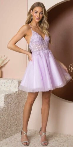 Nox Anabel T739 Embroidery Bodice A-Line With Lace Up Back Short Dress(Nox Anabel T739 Embroidery Bodice A Line With Lace Up Back Short Dress) -Discount Dress Shops T739 LILAC 1
