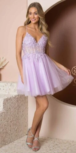 Nox Anabel T739 Embroidery Bodice A-Line With Lace Up Back Short Dress(Nox Anabel T739 Embroidery Bodice A Line With Lace Up Back Short Dress) -Discount Dress Shops T739 LILAC 2