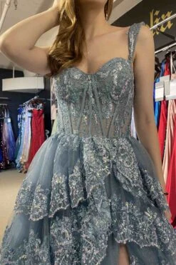 Amelia Couture TM1012 Long A-Line Layered Skirt Off Shoulder Corset Dress(Amelia Couture Tm1012 Long A Line Layered Skirt Off Shoulder Corset Dress) 28 Amelia Couture TM1012 Long A-Line Layered Skirt Off Shoulder Corset Dress(Amelia Couture Tm1012 Long A Line Layered Skirt Off Shoulder Corset Dress) -Discount Dress Shops TM1012VINTAGEBLUE 2