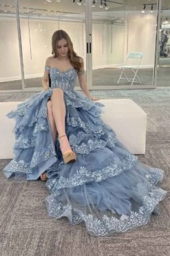 Amelia Couture TM1012 Long A-Line Layered Skirt Off Shoulder Corset Dress(Amelia Couture Tm1012 Long A Line Layered Skirt Off Shoulder Corset Dress) 30 Amelia Couture TM1012 Long A-Line Layered Skirt Off Shoulder Corset Dress(Amelia Couture Tm1012 Long A Line Layered Skirt Off Shoulder Corset Dress) -Discount Dress Shops TM1012VINTAGEBLUE 4