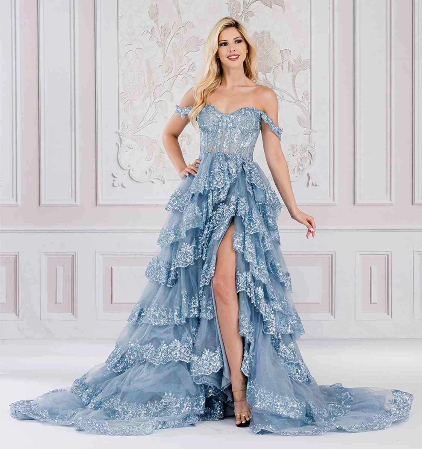 Amelia Couture TM1012 Long A-Line Layered Skirt Off Shoulder Corset Dress(Amelia Couture Tm1012 Long A Line Layered Skirt Off Shoulder Corset Dress) 6 Amelia Couture TM1012 Long A-Line Layered Skirt Off Shoulder Corset Dress(Amelia Couture Tm1012 Long A Line Layered Skirt Off Shoulder Corset Dress) - Image 6