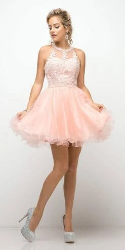 Ladivine UJ0119 Short Appliqued Bodice Halter Tulle Skirt Dress(Short Appliqued Bodice Halter Tulle Skirt Mauve Damas Dress) -Discount Dress Shops UJ0119 cinderella divine blush