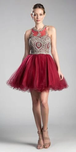 Ladivine UJ0119 Short Appliqued Bodice Halter Tulle Skirt Dress(Short Appliqued Bodice Halter Tulle Skirt Mauve Damas Dress) -Discount Dress Shops UJ0119 cinderella divine burgundy gold