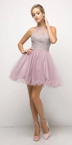 Ladivine UJ0119 Short Appliqued Bodice Halter Tulle Skirt Dress(Short Appliqued Bodice Halter Tulle Skirt Mauve Damas Dress) -Discount Dress Shops UJ0119 cinderella divine mauve