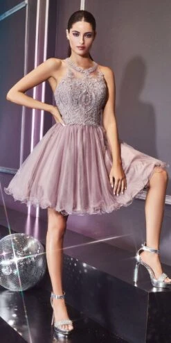 Ladivine UJ0119 Short Appliqued Bodice Halter Tulle Skirt Dress(Short Appliqued Bodice Halter Tulle Skirt Mauve Damas Dress) -Discount Dress Shops UJ0119 cinderella divine mauve 2
