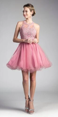 Ladivine UJ0119 Short Appliqued Bodice Halter Tulle Skirt Dress(Short Appliqued Bodice Halter Tulle Skirt Mauve Damas Dress) -Discount Dress Shops UJ0119 cinderella divine rose