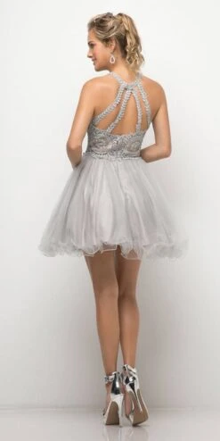 Ladivine UJ0119 Short Appliqued Bodice Halter Tulle Skirt Dress(Short Appliqued Bodice Halter Tulle Skirt Mauve Damas Dress) -Discount Dress Shops UJ0119 cinderella divine silver back