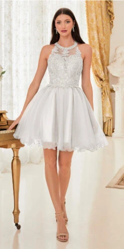 Ladivine UJ0119 Short Appliqued Bodice Halter Tulle Skirt Dress(Short Appliqued Bodice Halter Tulle Skirt Mauve Damas Dress) -Discount Dress Shops UJ0119 ladivine off white