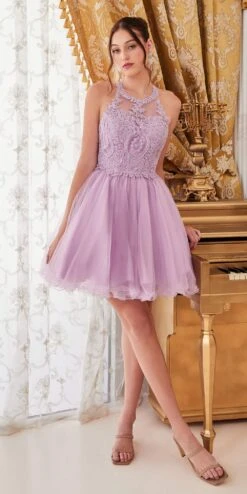 Ladivine UJ0119 Short Appliqued Bodice Halter Tulle Skirt Dress(Short Appliqued Bodice Halter Tulle Skirt Mauve Damas Dress) -Discount Dress Shops UJ0119 lavender
