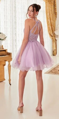 Ladivine UJ0119 Short Appliqued Bodice Halter Tulle Skirt Dress(Short Appliqued Bodice Halter Tulle Skirt Mauve Damas Dress) -Discount Dress Shops UJ0119 lavender 2