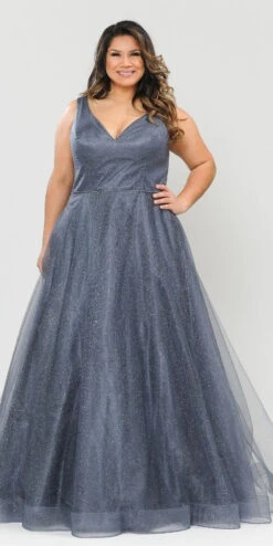 Lindas W1024 Glitter Full Length V-Neck Plus Size Dress(Lindas W1024 Glitter Full Length V Neck Plus Size Dress) -Discount Dress Shops W1024 CHARCOAL